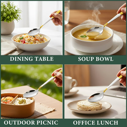 6-Piece Stainless Steel 24K Gold Spoon Set | 18cm Premium Large Spoons, Luxury Tableware & Housewarming Gift (Ivory Design)