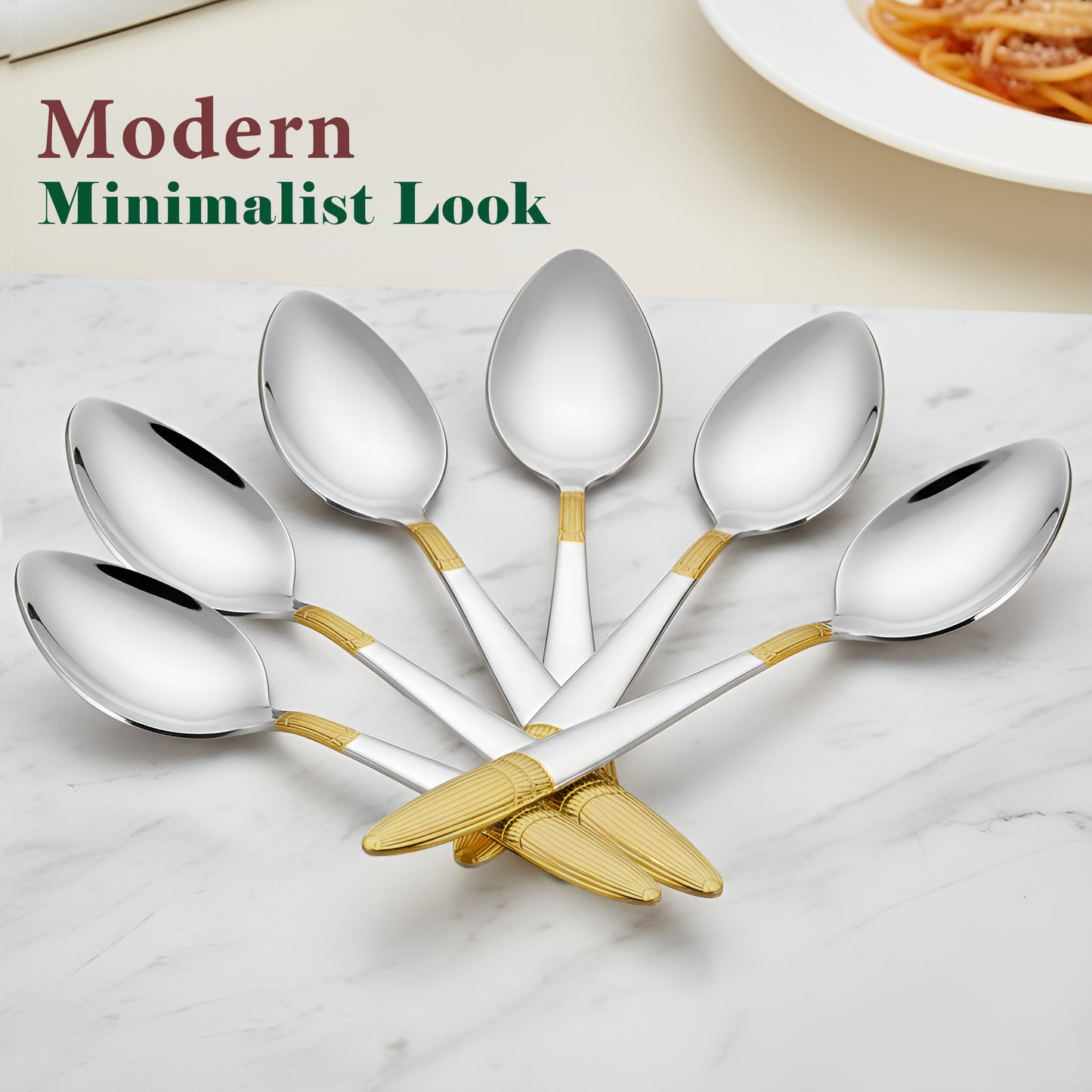 6-Piece Stainless Steel 24K Gold Spoon Set | 18cm Premium Large Spoons, Luxury Tableware & Housewarming Gift (Ivory Design)