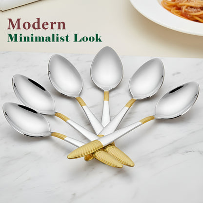 6-Piece Stainless Steel 24K Gold Spoon Set | 18cm Premium Large Spoons, Luxury Tableware & Housewarming Gift (Ivory Design)