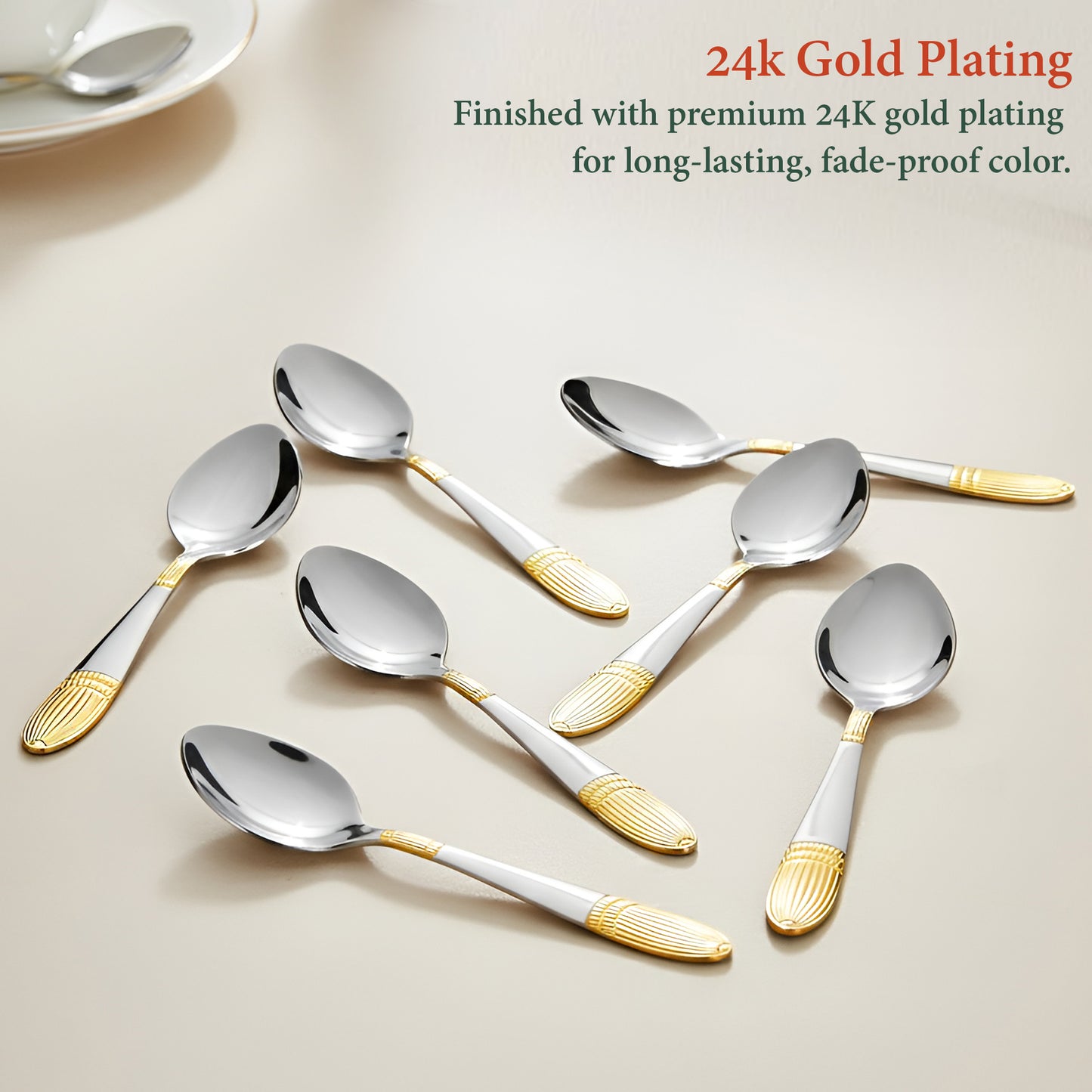 6-Piece Stainless Steel 24K Gold Tea Spoon Set | 14cm Premium Small Spoons, Luxury Tableware & Gift (Ivory Design)