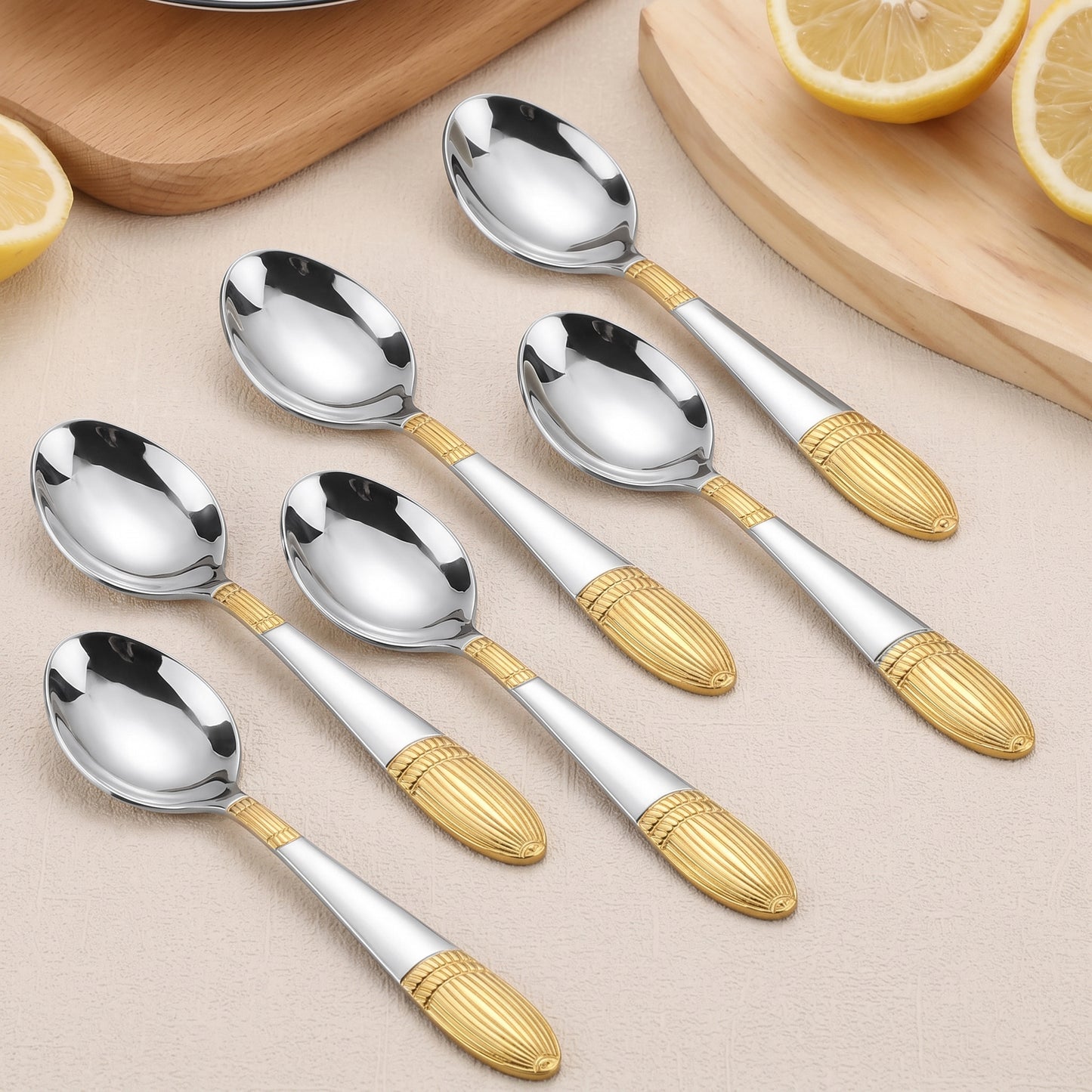 Tea Spoon Set | 14cm, 6 piece | Stainless Steel | Gold | Ivory Design