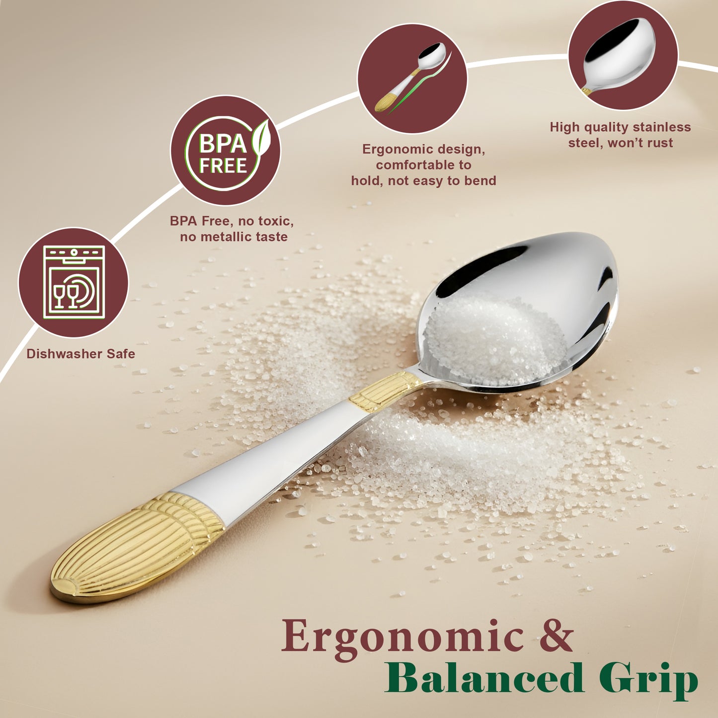 6-Piece Stainless Steel 24K Gold Tea Spoon Set | 14cm Premium Small Spoons, Luxury Tableware & Gift (Ivory Design)