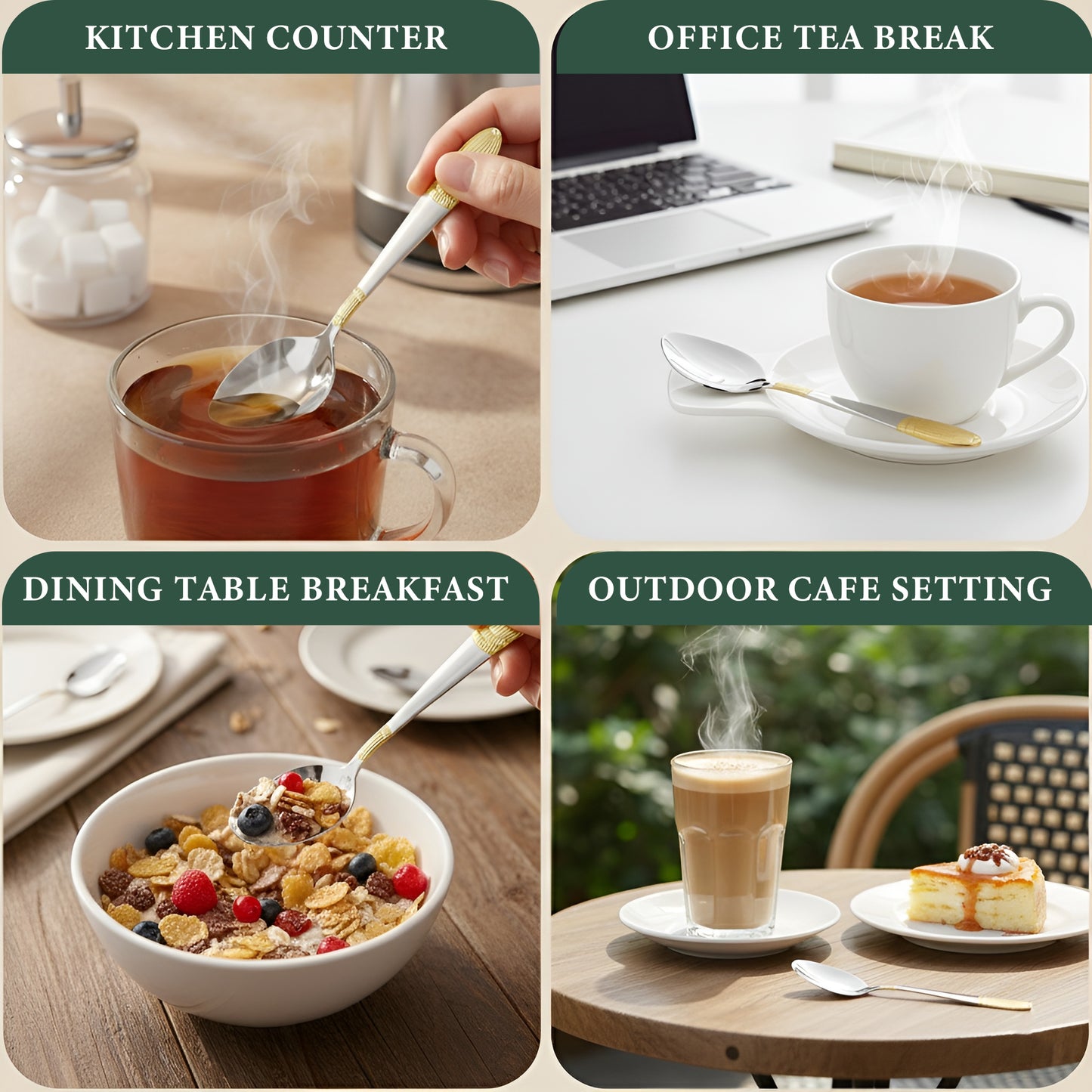6-Piece Stainless Steel 24K Gold Tea Spoon Set | 14cm Premium Small Spoons, Luxury Tableware & Gift (Ivory Design)