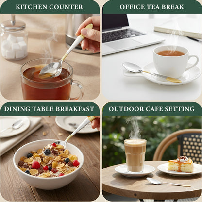 6-Piece Stainless Steel 24K Gold Tea Spoon Set | 14cm Premium Small Spoons, Luxury Tableware & Gift (Ivory Design)