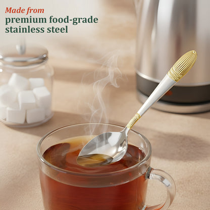 6-Piece Stainless Steel 24K Gold Tea Spoon Set | 14cm Premium Small Spoons, Luxury Tableware & Gift (Ivory Design)