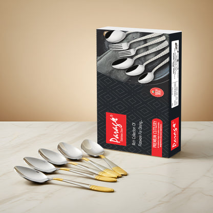 6-Piece Stainless Steel 24K Gold Tea Spoon Set | 14cm Premium Small Spoons, Luxury Tableware & Gift (Ivory Design)