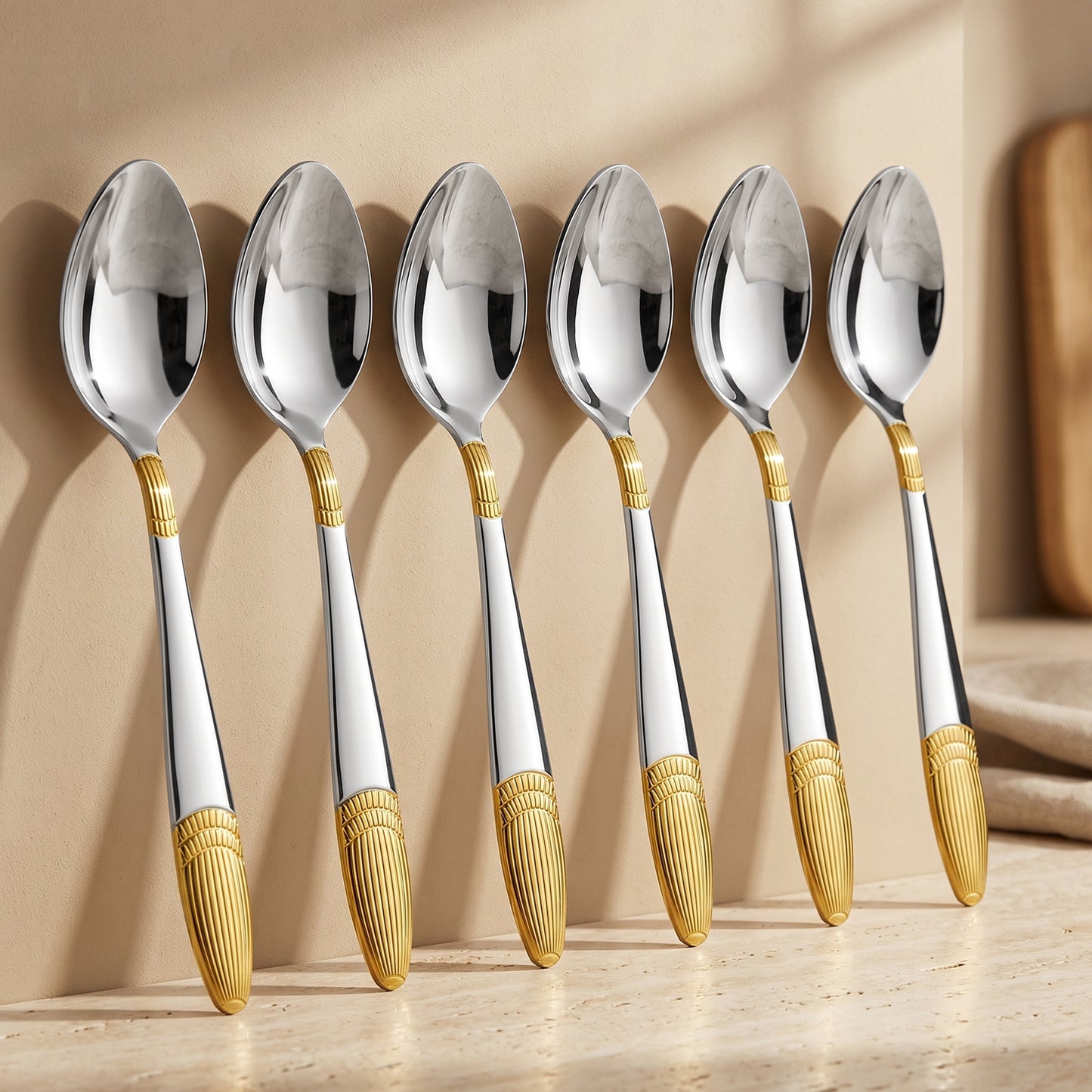 Dinner Spoon Set | 16cm, 6 piece | Stainless Steel | Gold | Ivory Design