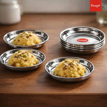 6 Pieces Stainless Steel Serving Dish Bowl – 11.5 cm Diameter | Heavy Gauge Small Halwa Plates | Durable Mirror Finish for Sweets, Snacks & Serving