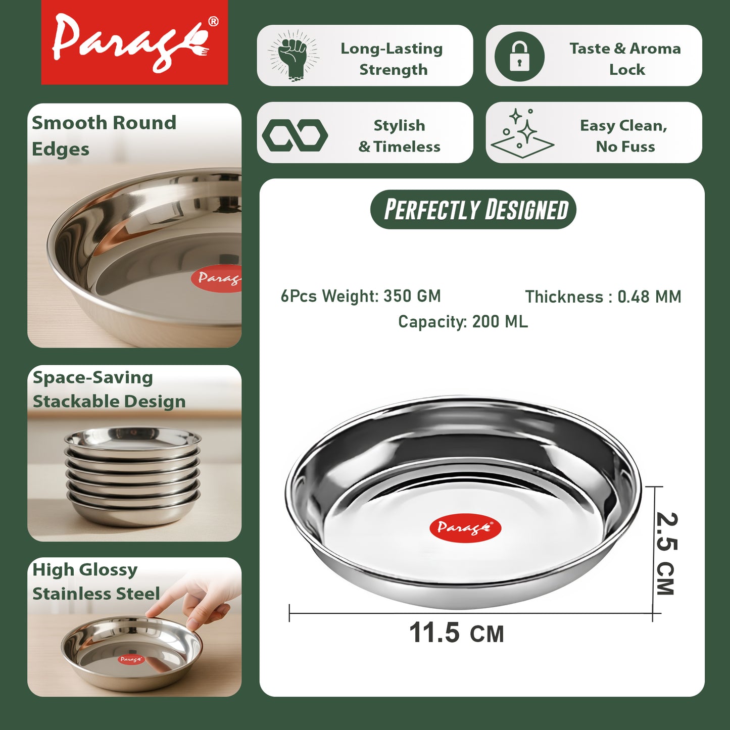6 Pieces Stainless Steel Serving Dish Bowl – 11.5 cm Diameter | Heavy Gauge Small Halwa Plates | Durable Mirror Finish for Sweets, Snacks & Serving