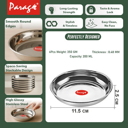 6 Pieces Stainless Steel Serving Dish Bowl – 11.5 cm Diameter | Heavy Gauge Small Halwa Plates | Durable Mirror Finish for Sweets, Snacks & Serving