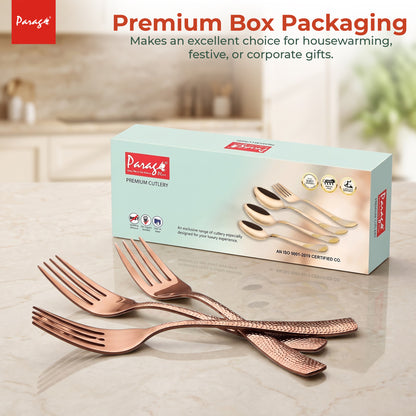 Parage Hammered Stainless Rose Gold Steel Dinner Fork Set of 6, 16.5 cm Length Table Forks with 1.7 mm Thickness Heavy Gauge Thickness, Mirror Finish Cutlery for Home Kitchen Dining