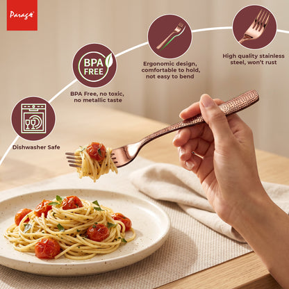 Parage Hammered Stainless Rose Gold Steel Dinner Fork Set of 6, 16.5 cm Length Table Forks with 1.7 mm Thickness Heavy Gauge Thickness, Mirror Finish Cutlery for Home Kitchen Dining
