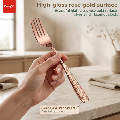 Parage Hammered Stainless Rose Gold Steel Dinner Fork Set of 6, 16.5 cm Length Table Forks with 1.7 mm Thickness Heavy Gauge Thickness, Mirror Finish Cutlery for Home Kitchen Dining