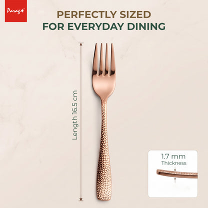 Parage Hammered Stainless Rose Gold Steel Dinner Fork Set of 6, 16.5 cm Length Table Forks with 1.7 mm Thickness Heavy Gauge Thickness, Mirror Finish Cutlery for Home Kitchen Dining