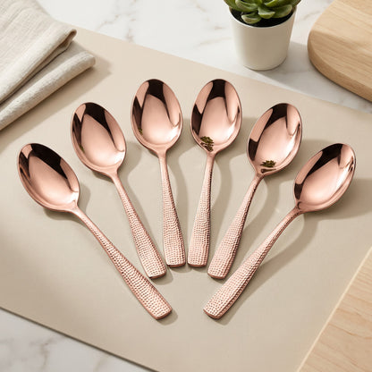 Parage Hammered Stainless Rose Gold Steel Spoon Set of 6, 16.5cm Dinner Spoons, 1.7mm Thickness Heavy Gauge Cutlery Set with Mirror Finish, Tableware Spoons for Home Kitchen Dining
