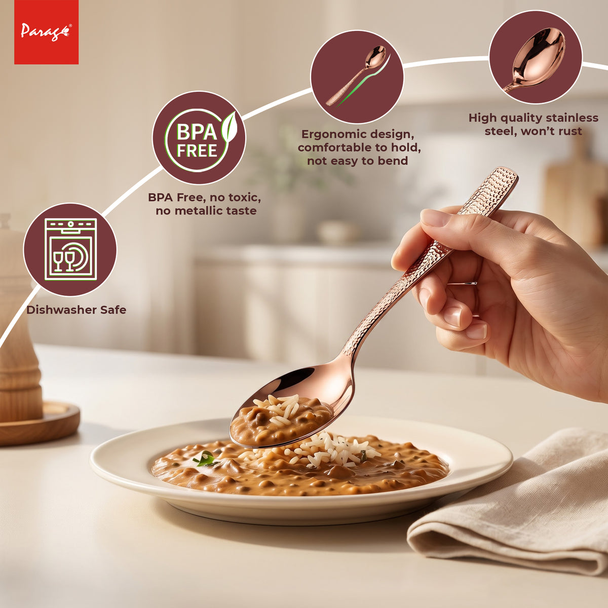 Parage Hammered Stainless Rose Gold Steel Spoon Set of 6, 16.5cm Dinner Spoons, 1.7mm Thickness Heavy Gauge Cutlery Set with Mirror Finish, Tableware Spoons for Home Kitchen Dining