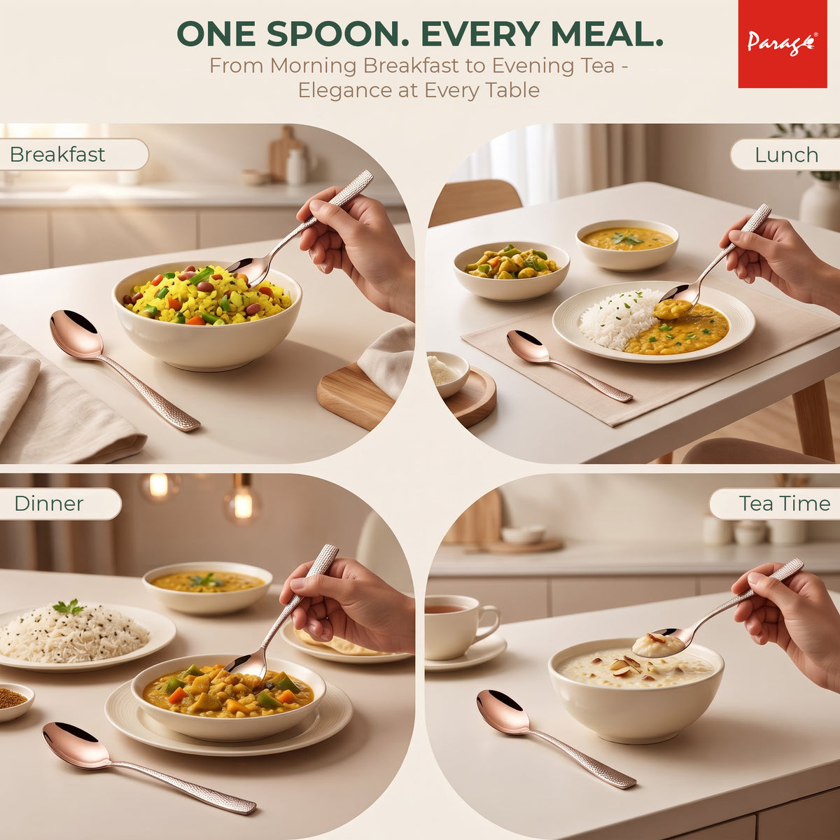 Parage Hammered Stainless Rose Gold Steel Spoon Set of 6, 16.5cm Dinner Spoons, 1.7mm Thickness Heavy Gauge Cutlery Set with Mirror Finish, Tableware Spoons for Home Kitchen Dining
