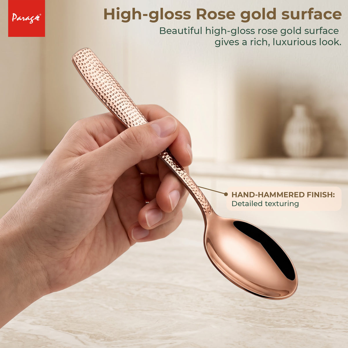 Parage Hammered Stainless Rose Gold Steel Spoon Set of 6, 16.5cm Dinner Spoons, 1.7mm Thickness Heavy Gauge Cutlery Set with Mirror Finish, Tableware Spoons for Home Kitchen Dining