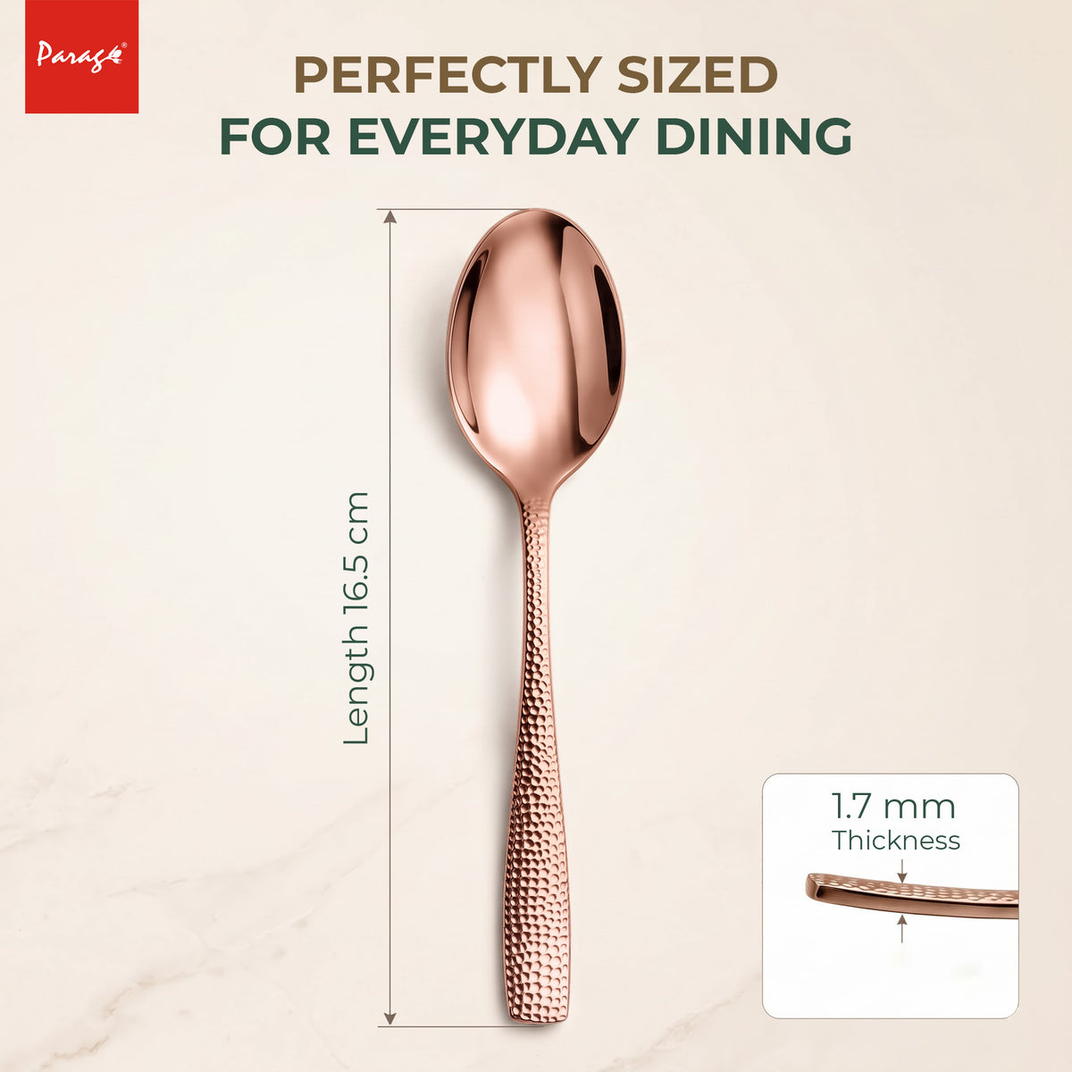 Parage Hammered Stainless Rose Gold Steel Spoon Set of 6, 16.5cm Dinner Spoons, 1.7mm Thickness Heavy Gauge Cutlery Set with Mirror Finish, Tableware Spoons for Home Kitchen Dining