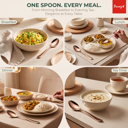 Parage Tiara Stainless Steel Rose Gold Dinner Spoon Set of 6, Length 16cm Tableware with 2mm Thickness Spoons, Mirror Finish for Home Kitchen Dining