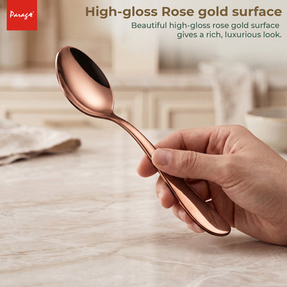 Parage Tiara Stainless Steel Rose Gold Dinner Spoon Set of 6, Length 16cm Tableware with 2mm Thickness Spoons, Mirror Finish for Home Kitchen Dining