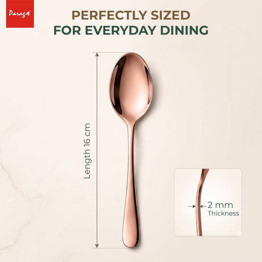 Parage Tiara Stainless Steel Rose Gold Dinner Spoon Set of 6, Length 16cm Tableware with 2mm Thickness Spoons, Mirror Finish for Home Kitchen Dining