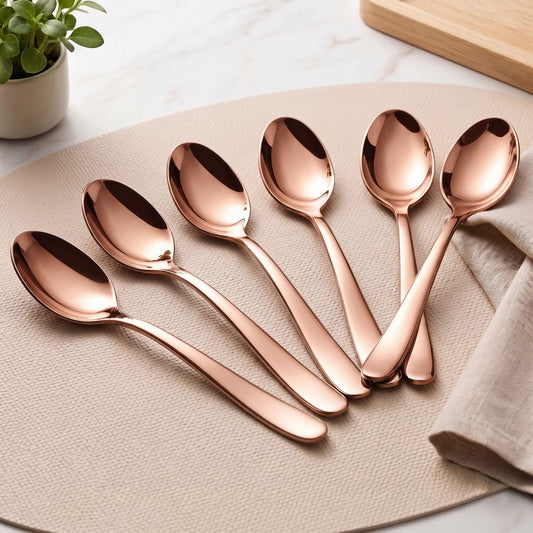 Parage Tiara Stainless Steel Rose Gold Coffee Spoon Set of 6, 11.7 cm Length Small Tea Spoons, 2mm Thickness Heavy Gauge Mirror Finish Cutlery for Tea Coffee Dessert Home Kitchen Dining