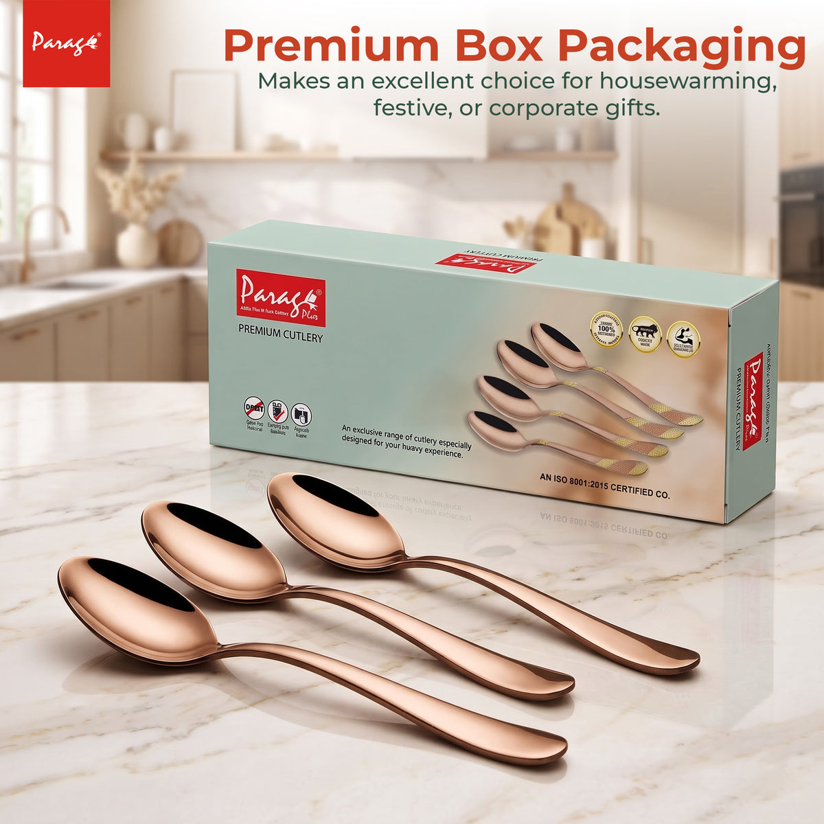 Parage Tiara Stainless Steel Rose Gold Coffee Spoon Set of 6, 11.7 cm Length Small Tea Spoons, 2mm Thickness Heavy Gauge Mirror Finish Cutlery for Tea Coffee Dessert Home Kitchen Dining