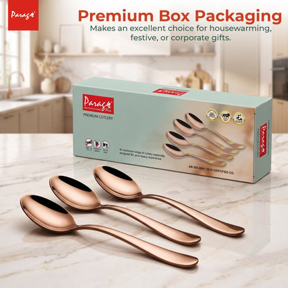 Parage Tiara Stainless Steel Rose Gold Coffee Spoon Set of 6, 11.7 cm Length Small Tea Spoons, 2mm Thickness Heavy Gauge Mirror Finish Cutlery for Tea Coffee Dessert Home Kitchen Dining