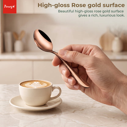 Parage Tiara Stainless Steel Rose Gold Coffee Spoon Set of 6, 11.7 cm Length Small Tea Spoons, 2mm Thickness Heavy Gauge Mirror Finish Cutlery for Tea Coffee Dessert Home Kitchen Dining