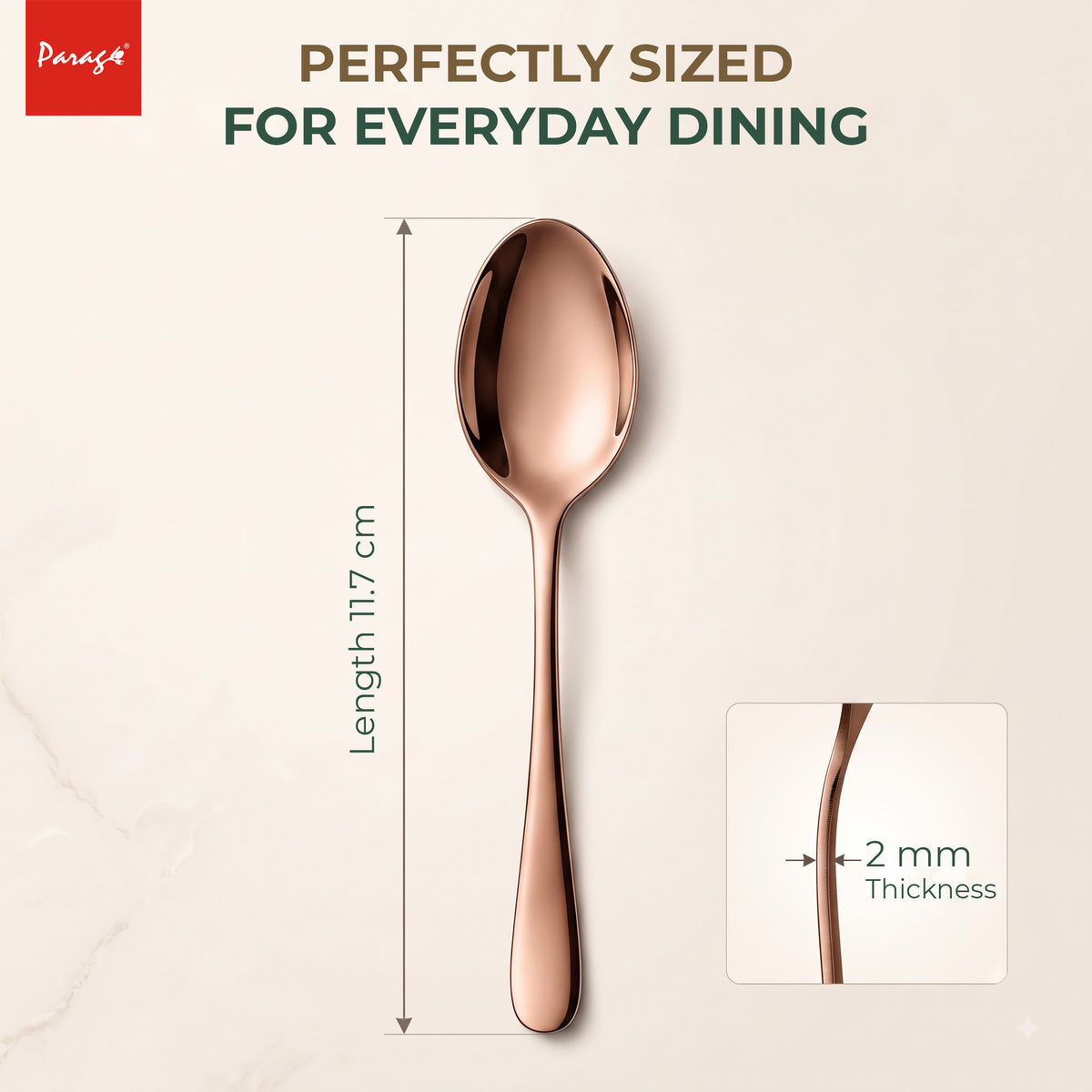 Parage Tiara Stainless Steel Rose Gold Coffee Spoon Set of 6, 11.7 cm Length Small Tea Spoons, 2mm Thickness Heavy Gauge Mirror Finish Cutlery for Tea Coffee Dessert Home Kitchen Dining