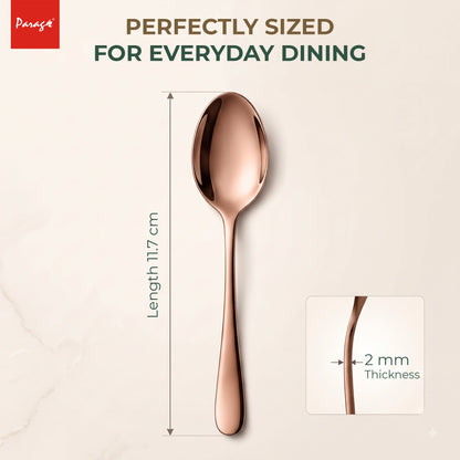 Parage Tiara Stainless Steel Rose Gold Coffee Spoon Set of 6, 11.7 cm Length Small Tea Spoons, 2mm Thickness Heavy Gauge Mirror Finish Cutlery for Tea Coffee Dessert Home Kitchen Dining