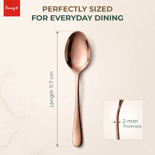 Parage Tiara Stainless Steel Rose Gold Coffee Spoon Set of 6, 11.7 cm Length Small Tea Spoons, 2mm Thickness Heavy Gauge Mirror Finish Cutlery for Tea Coffee Dessert Home Kitchen Dining