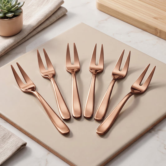 Parage TIARA Stainless Steel Rose Gold Fruit Fork Set of 6, 2MM Heavy Gauge Food Grade Cutlery, 12.5 CM Length, Mirror Finish Table Forks, Rust Resistant Flatware for Kitchen Hotel Restaurant Dining