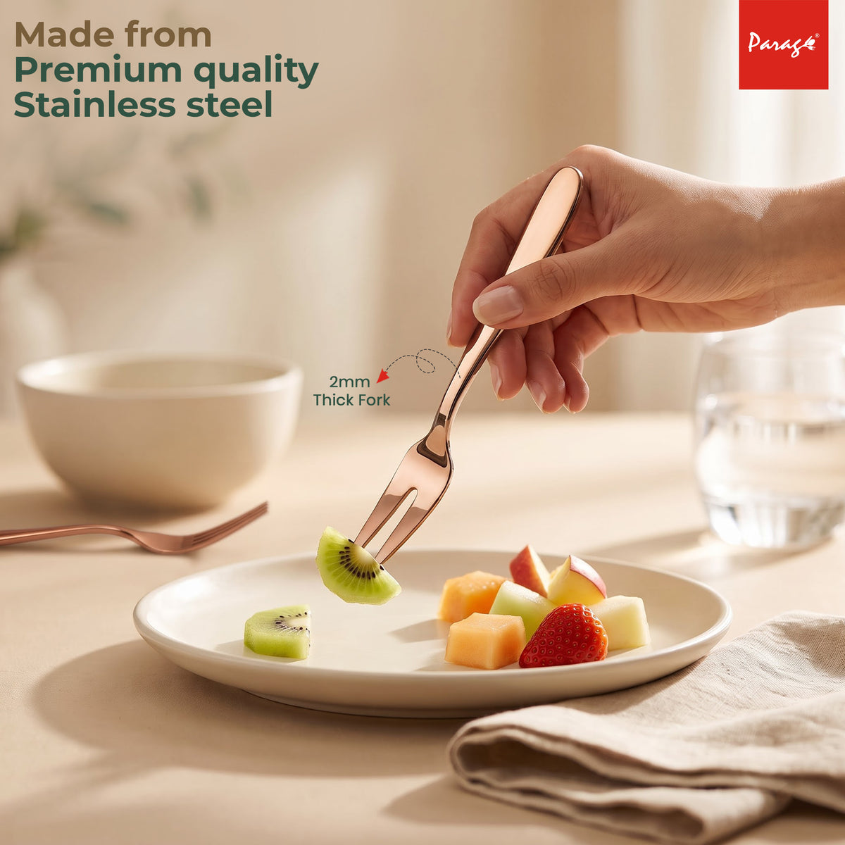 Parage TIARA Stainless Steel Rose Gold Fruit Fork Set of 6, 2MM Heavy Gauge Food Grade Cutlery, 12.5 CM Length, Mirror Finish Table Forks, Rust Resistant Flatware for Kitchen Hotel Restaurant Dining