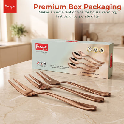 Parage TIARA Stainless Steel Rose Gold Fruit Fork Set of 6, 2MM Heavy Gauge Food Grade Cutlery, 12.5 CM Length, Mirror Finish Table Forks, Rust Resistant Flatware for Kitchen Hotel Restaurant Dining