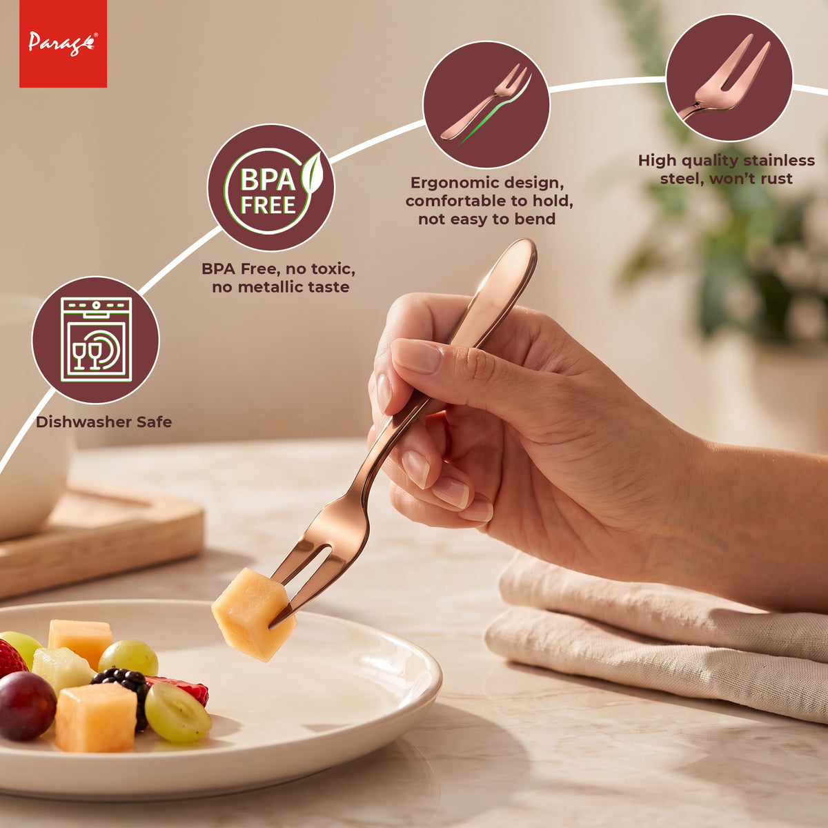 Parage TIARA Stainless Steel Rose Gold Fruit Fork Set of 6, 2MM Heavy Gauge Food Grade Cutlery, 12.5 CM Length, Mirror Finish Table Forks, Rust Resistant Flatware for Kitchen Hotel Restaurant Dining