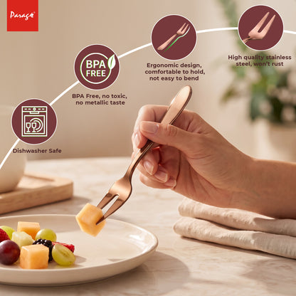 Parage TIARA Stainless Steel Rose Gold Fruit Fork Set of 6, 2MM Heavy Gauge Food Grade Cutlery, 12.5 CM Length, Mirror Finish Table Forks, Rust Resistant Flatware for Kitchen Hotel Restaurant Dining