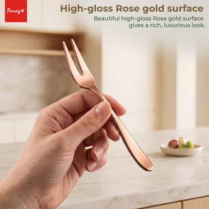 Parage TIARA Stainless Steel Rose Gold Fruit Fork Set of 6, 2MM Heavy Gauge Food Grade Cutlery, 12.5 CM Length, Mirror Finish Table Forks, Rust Resistant Flatware for Kitchen Hotel Restaurant Dining