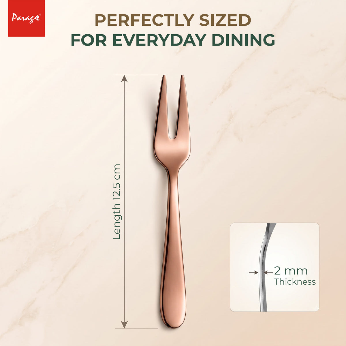 Parage TIARA Stainless Steel Rose Gold Fruit Fork Set of 6, 2MM Heavy Gauge Food Grade Cutlery, 12.5 CM Length, Mirror Finish Table Forks, Rust Resistant Flatware for Kitchen Hotel Restaurant Dining
