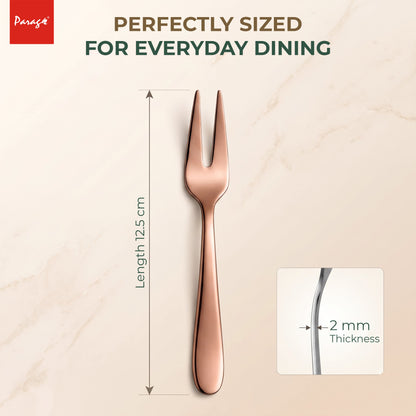 Parage TIARA Stainless Steel Rose Gold Fruit Fork Set of 6, 2MM Heavy Gauge Food Grade Cutlery, 12.5 CM Length, Mirror Finish Table Forks, Rust Resistant Flatware for Kitchen Hotel Restaurant Dining