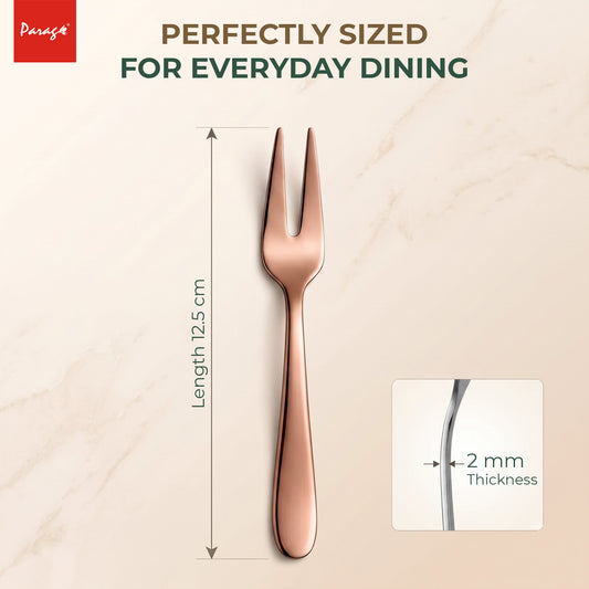 Parage TIARA Stainless Steel Rose Gold Fruit Fork Set of 6, 2MM Heavy Gauge Food Grade Cutlery, 12.5 CM Length, Mirror Finish Table Forks, Rust Resistant Flatware for Kitchen Hotel Restaurant Dining