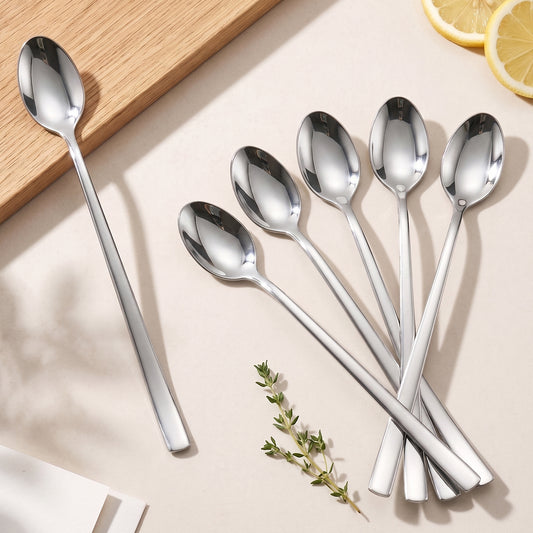 Ice Cream Spoon Set | 20.5 cm, 6 pcs | Stainless Steel | Silver | Long Handle