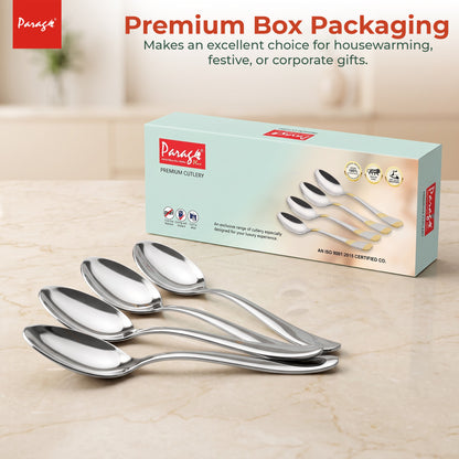 Tiara Stainless Steel Dinner Spoon Set of 6, Length 16cm Tableware with 2mm Thickness Spoons, Mirror Finish for Home – Parage