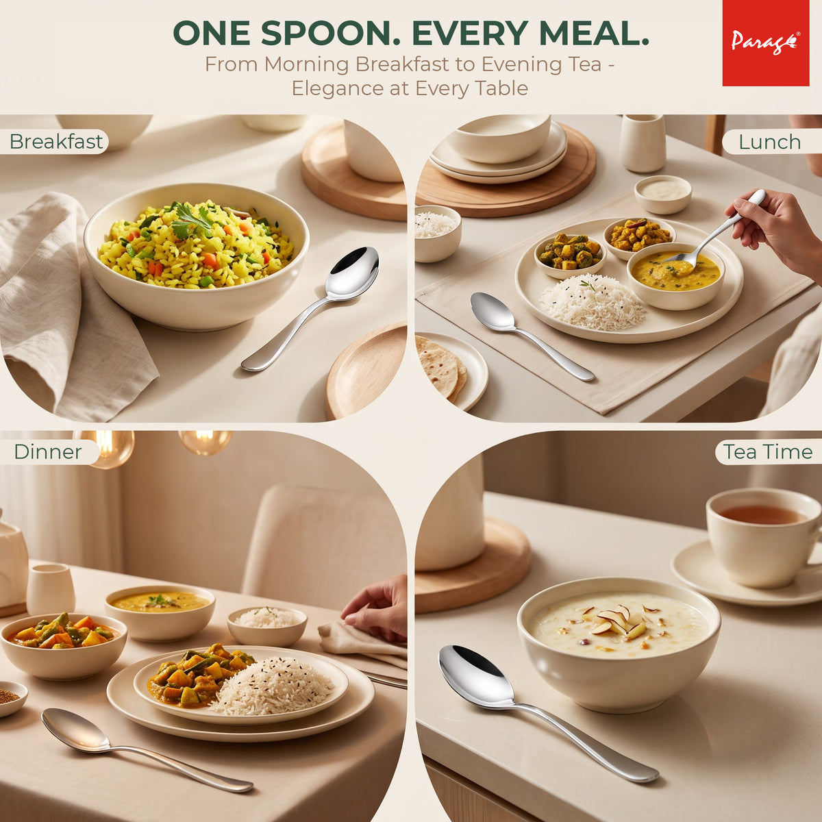 Tiara Stainless Steel Dinner Spoon Set of 6, Length 16cm Tableware with 2mm Thickness Spoons, Mirror Finish for Home – Parage