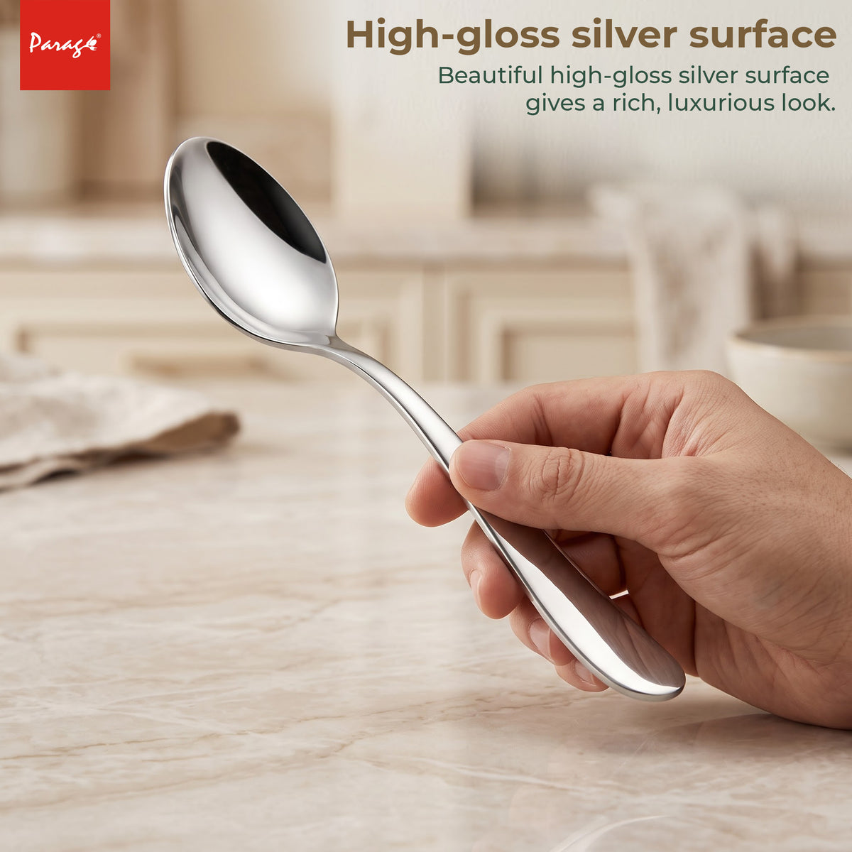Tiara Stainless Steel Dinner Spoon Set of 6, Length 16cm Tableware with 2mm Thickness Spoons, Mirror Finish for Home – Parage