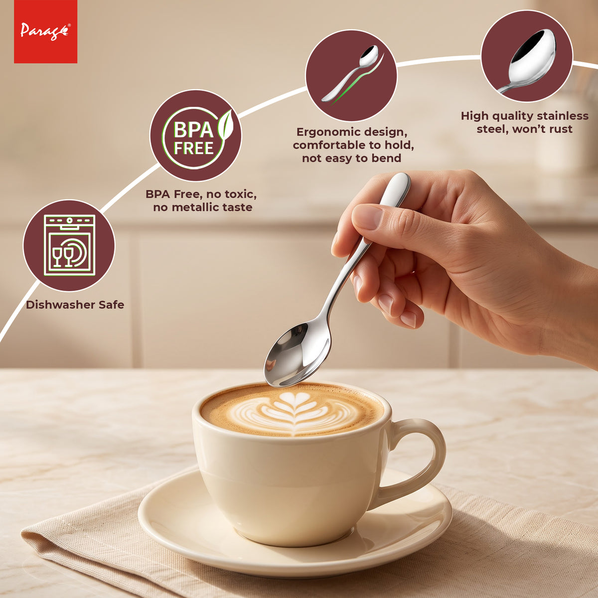 Tiara Stainless Steel Coffee Spoon Set of 6, 11.7 cm Length Small Tea Spoons, 2mm Thickness Heavy Gauge Mirror Finis – Parage