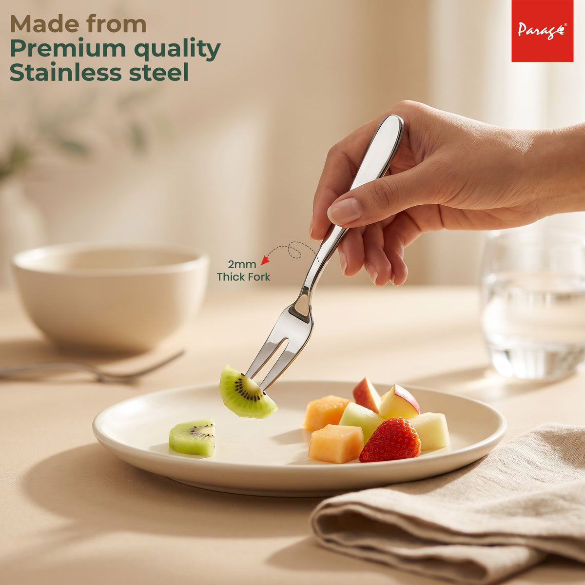 Tiara Stainless Steel Dinner Fork Set of 6, 2MM Heavy Gauge Food Grade Cutlery, 12.5 CM Length, Mirror Finish Silver – Parage