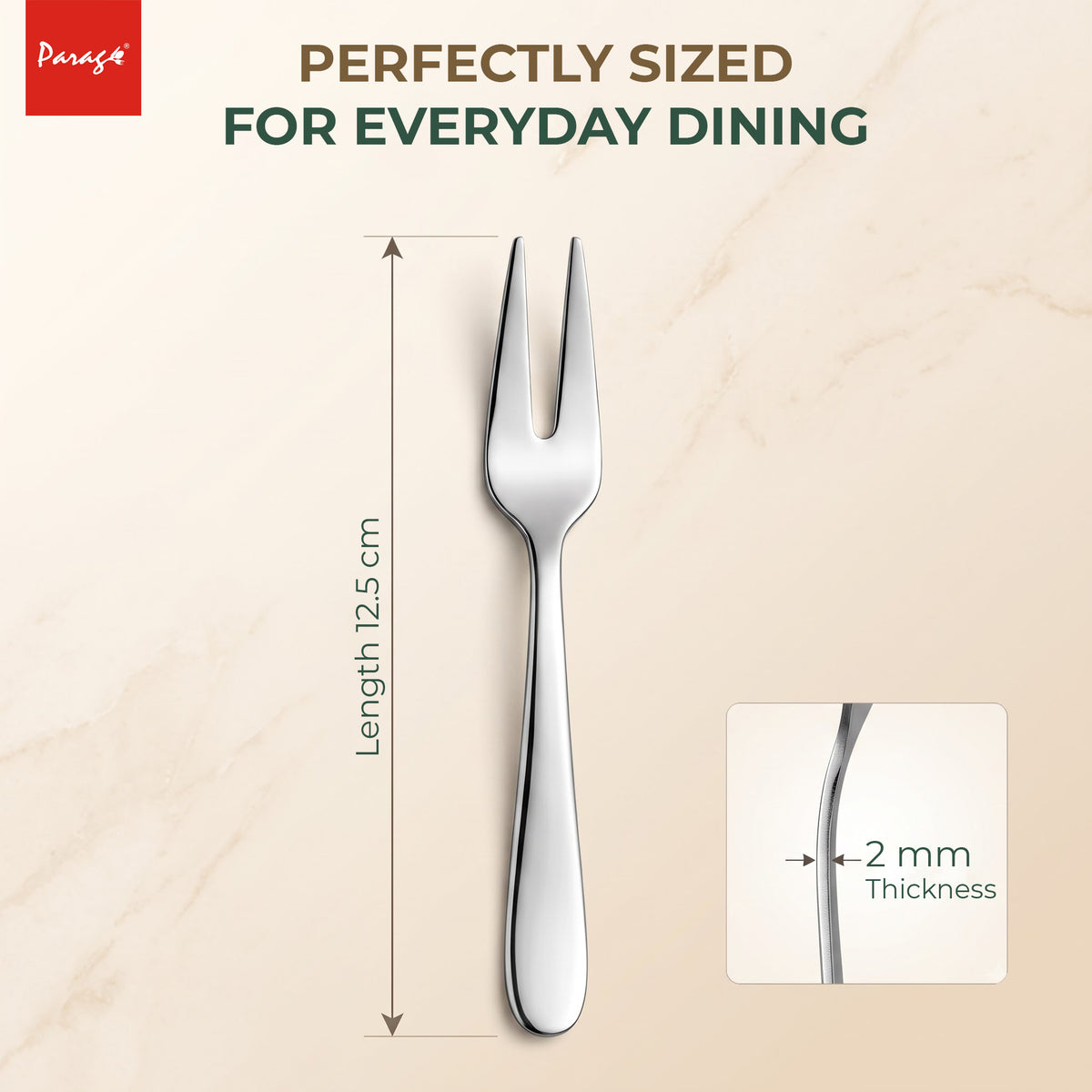 Tiara Stainless Steel Dinner Fork Set of 6, 2MM Heavy Gauge Food Grade Cutlery, 12.5 CM Length, Mirror Finish Silver – Parage