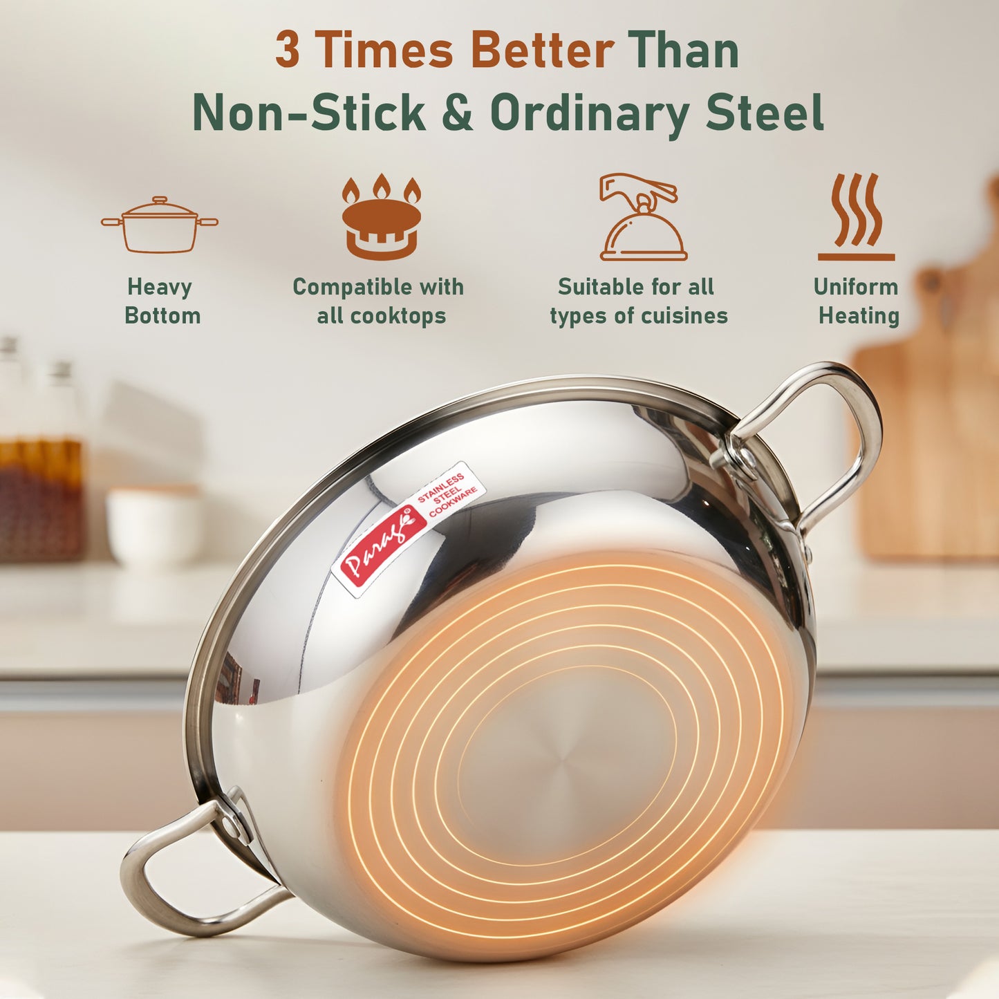 1 Piece Tripure Tri-Ply Hammered Stainless Steel Kadhai 24 cm | ISI Mark Certified | 2.6 LTR Deep Kadhai for Induction & Gas Stove | Even Heat Distribution, Non-Reactive, Heavy Bottom Cookware